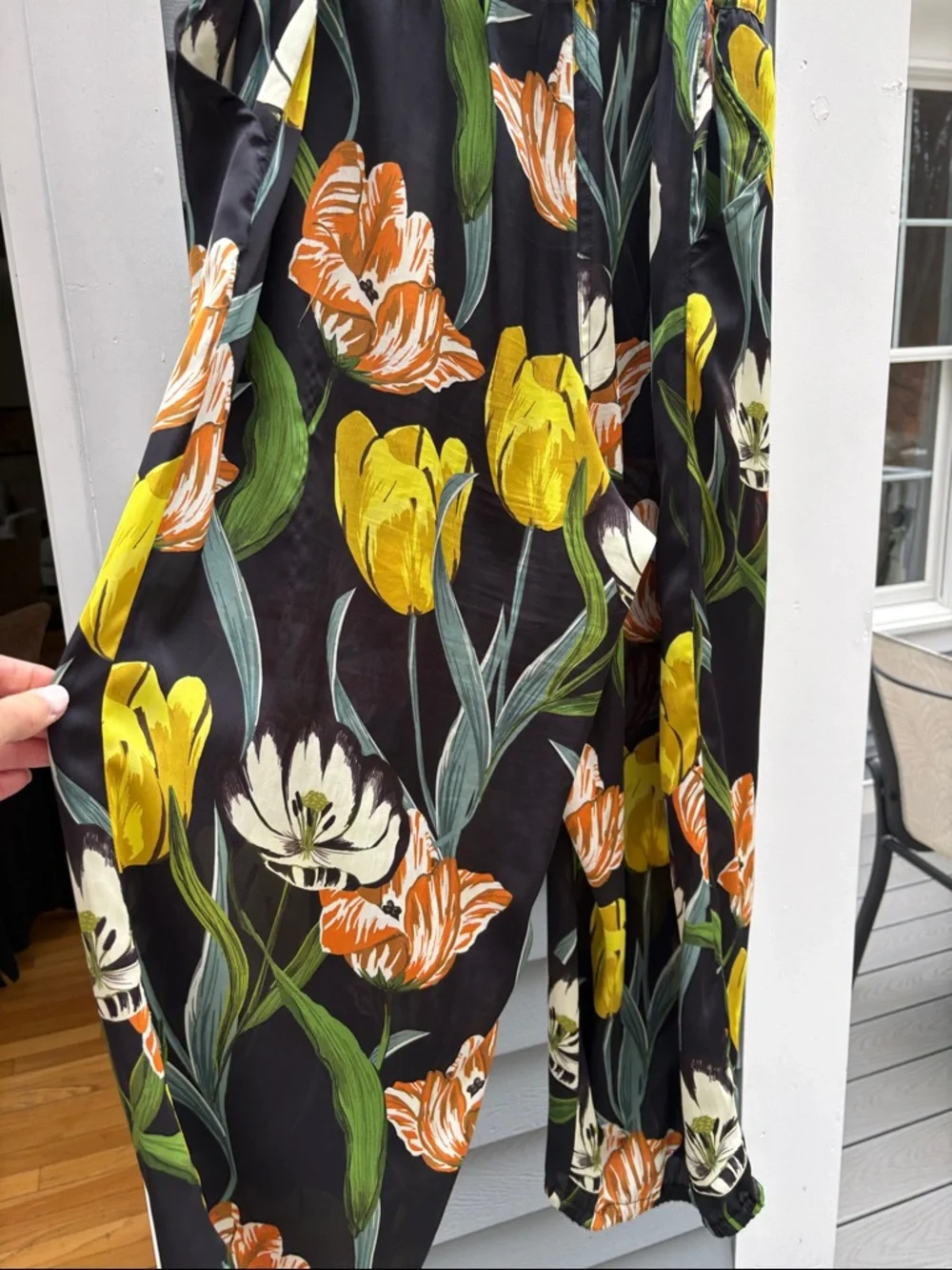 Black Floral Wide-Leg Pants with Yellow & Orange Tulips - Picture 5 of 10